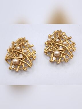 Vintage Abstract Earrings Gem Craft Gold Tone with Faux Pearls & Rhinestones